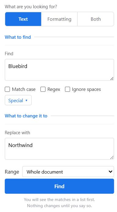 The sidebar: a Text / Formatting / Both switch, then a "What to find" section and a "What to change it to" section, a range picker and a Find button.