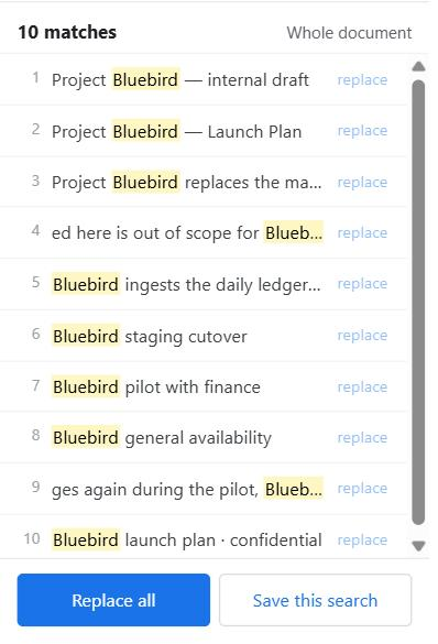 A list of 10 matches for "Bluebird", each row showing the match highlighted in its surrounding text, with a replace link, and Replace all / Save this search buttons below.